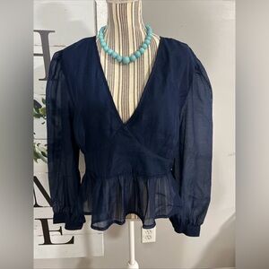 SHEIN Navy Sheer V-Neck Peplum Blouse